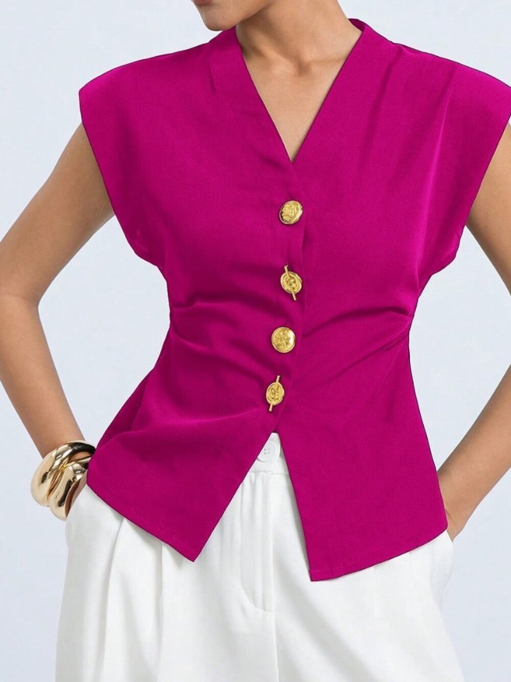 Hot Pink Elegant Women's Pleated V-Neck Cap Sleeve Vest with Metal Buckle
